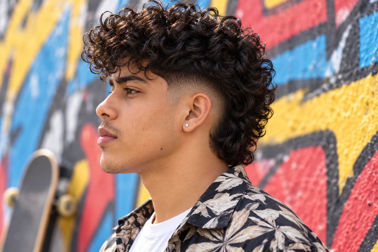 Young man around 21 with a burst fade curving in a half-circle around the ear, the nape left longer, and thick curls on top, profile against a graffiti wall