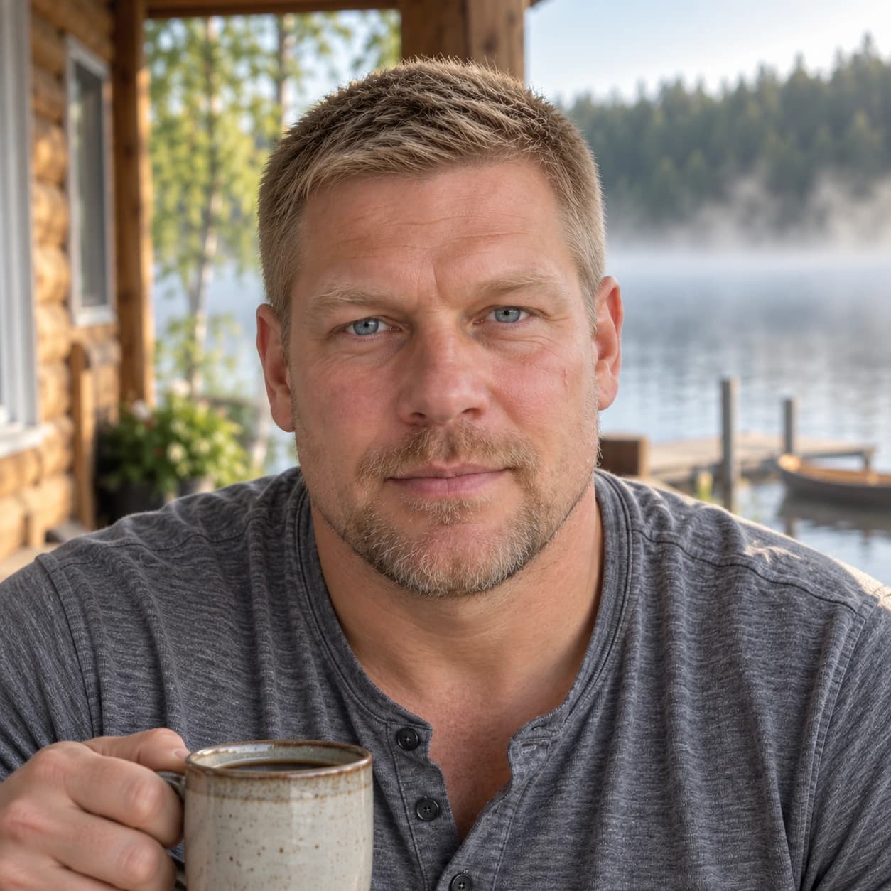 Man in his mid 40s with a butch cut, an even #3 all over with a squared front hairline, front view at a lakeside cabin in the morning