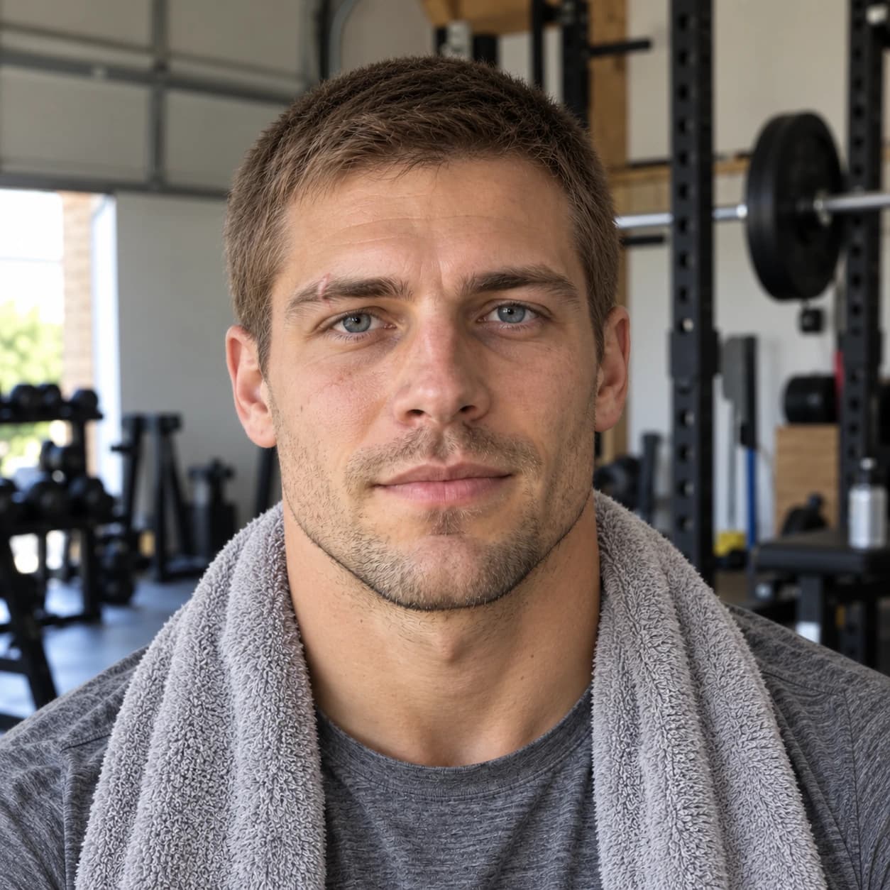 Man in his early 30s with a #2 buzz cut all over, a squared neckline and his natural hairline untouched, front view in a garage gym in bright daylight