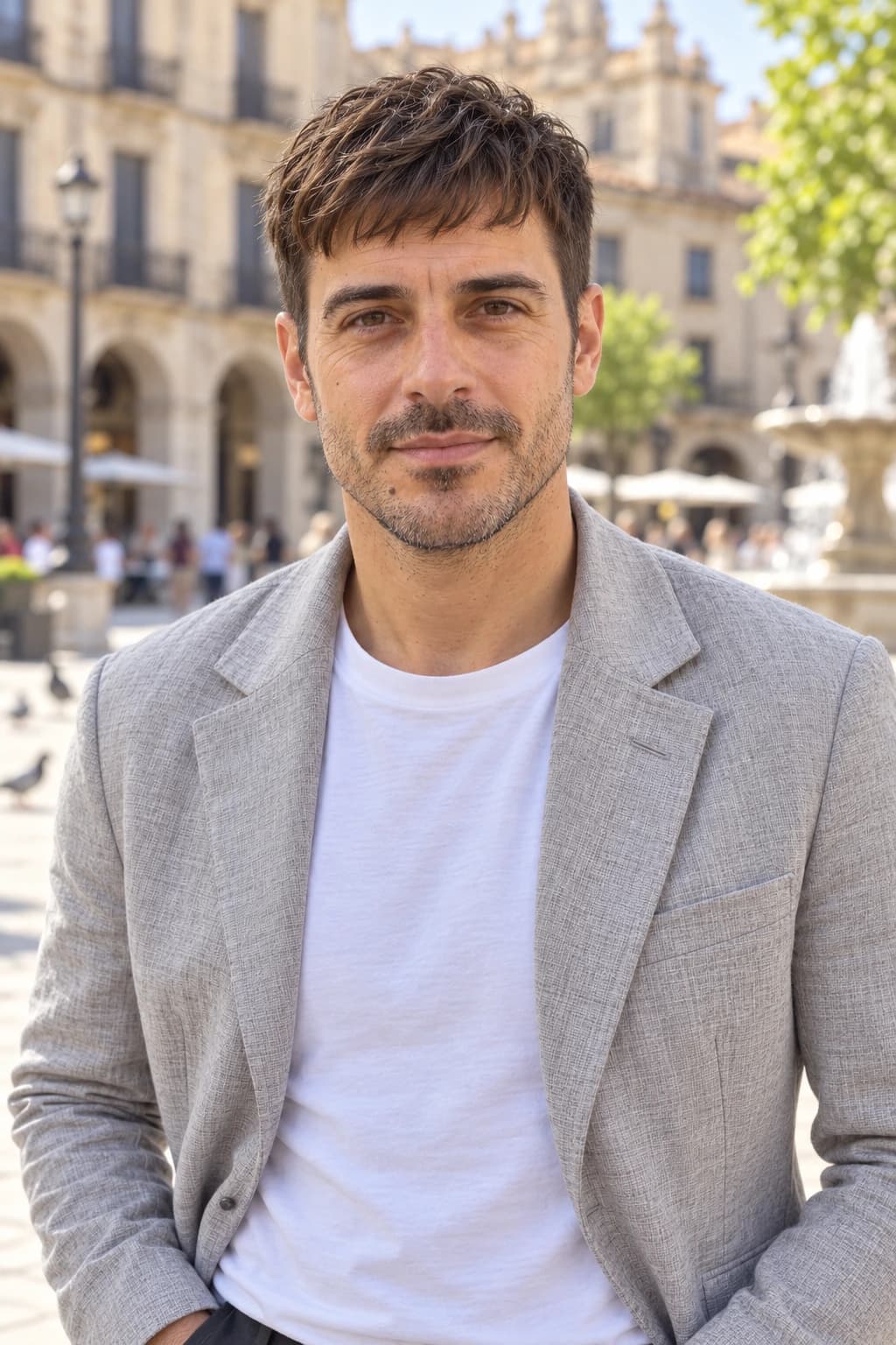 Man around 40 with a Caesar cut, one inch on top combed forward into a short straight fringe and #2 sides, front view on a sunny plaza