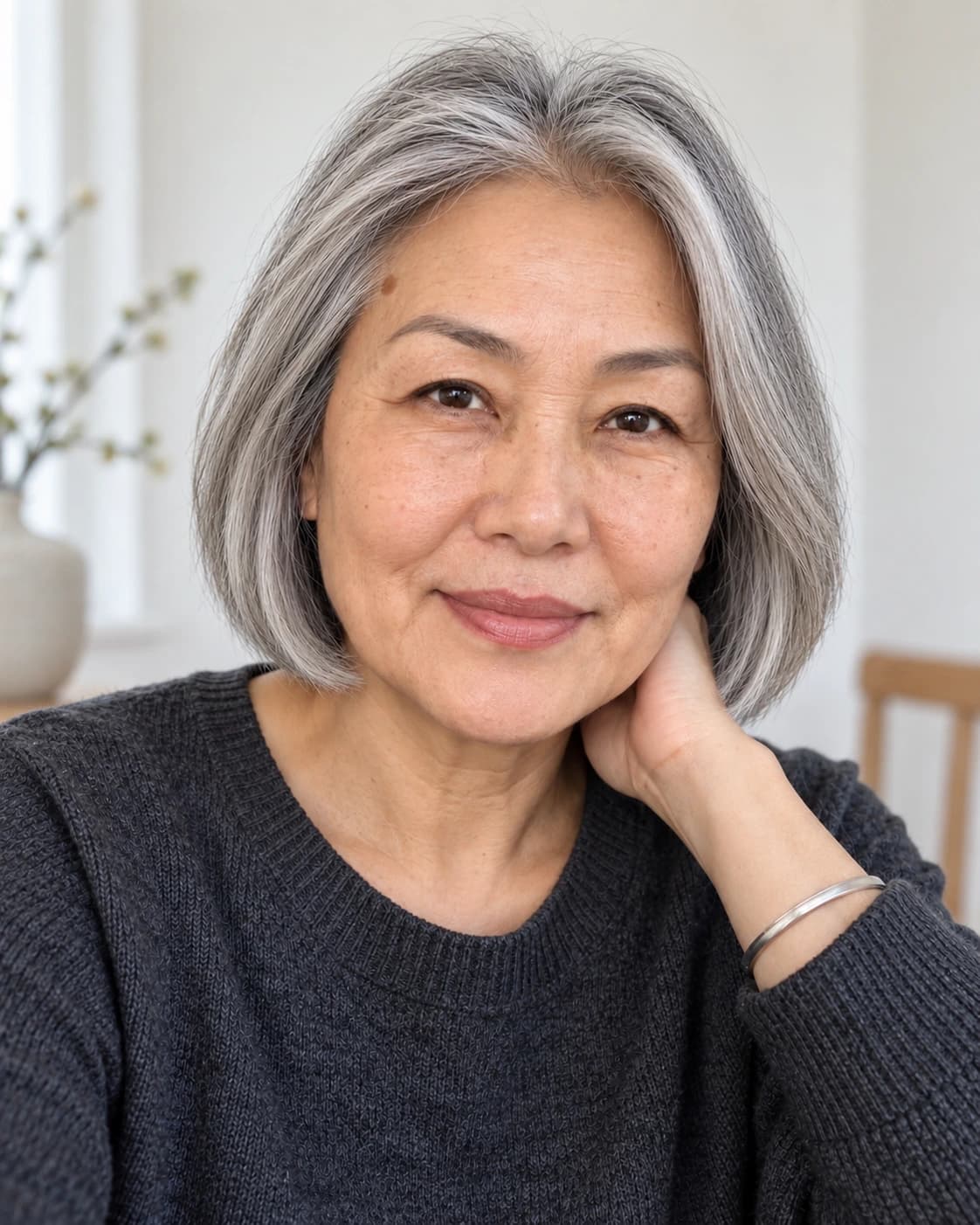 Woman in her early 60s with a crisp silver chin-length bob with soft rounded layers and a side part, front view in a minimalist room with north window light