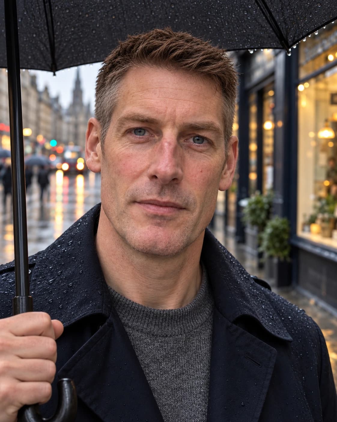 Man in his early 40s with a classic crew cut, an inch on top tapering toward the crown over #2 sides with a slight front lift, front view under an umbrella on a rainy street