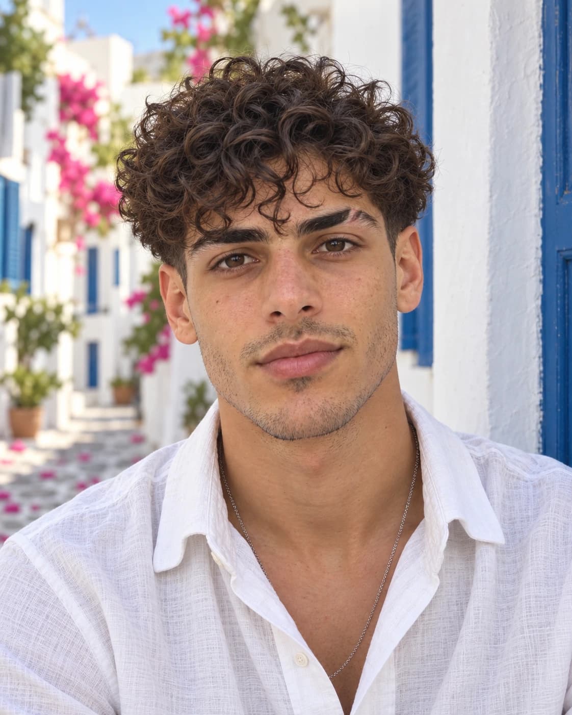 Young man in his 20s with three inches of curls pushed forward into a loose fringe over a low taper, close front view on a sunny Mediterranean street