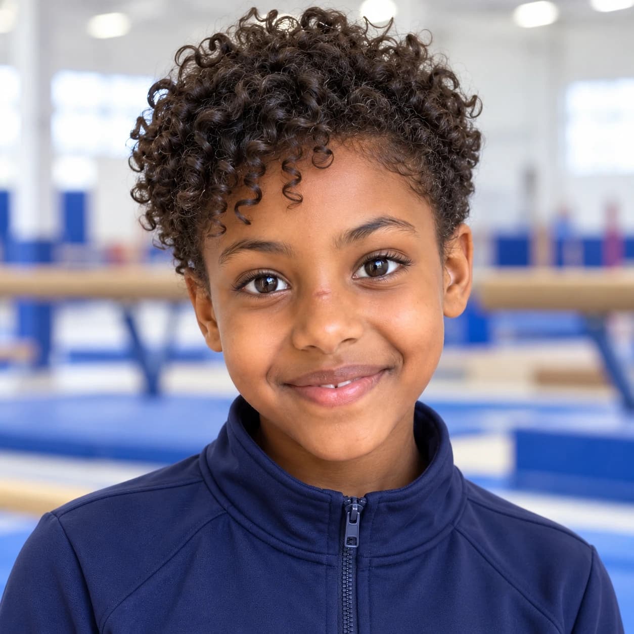Sporty girl with a curly pixie, defined two-inch curls on top and scissor-tapered sides, three-quarter view in a bright gym