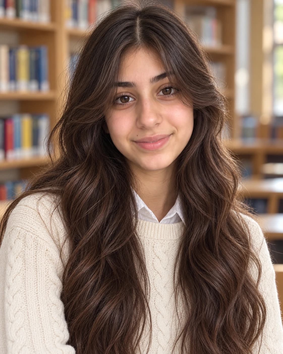 Young teen girl with cheekbone-length curtain bangs parted in the center and long soft waves, close portrait in a library