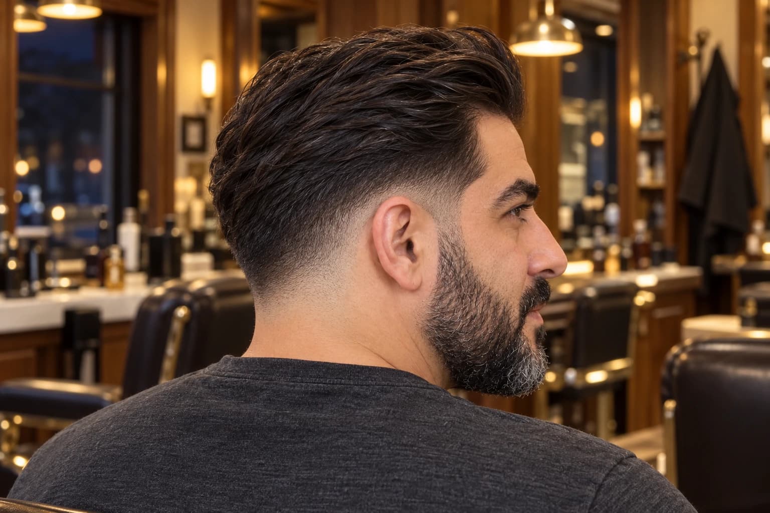 Man in his mid 40s with a drop fade curving behind the ear down to a low nape and three inches of straight hair brushed back, back three-quarter view in a wood-paneled barbershop under tungsten light