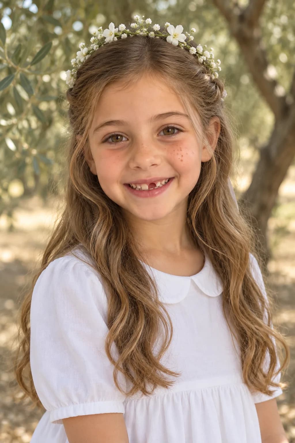 Young girl with long wavy hair, soft face-framing layers from the chin and a simple half-up twist, chest-up in a white dress in an olive grove