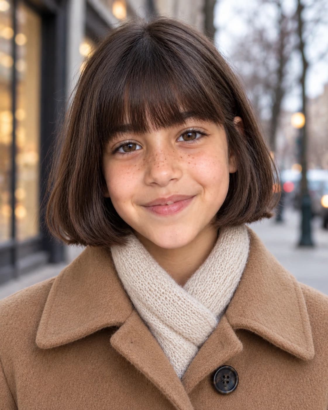 Girl of about eight with a jaw-length French bob and brow-skimming bangs, front view on a winter street in a camel coat