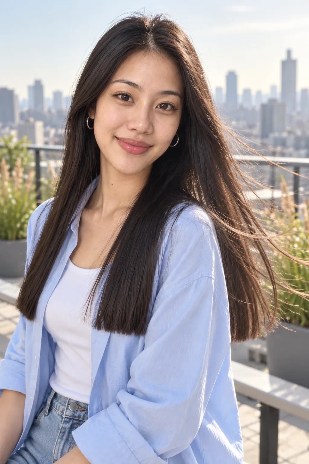 Woman in her early 20s with long fine straight hair with a crisp blunt hemline and hidden internal layers moving in the wind, three-quarter view on a rooftop
