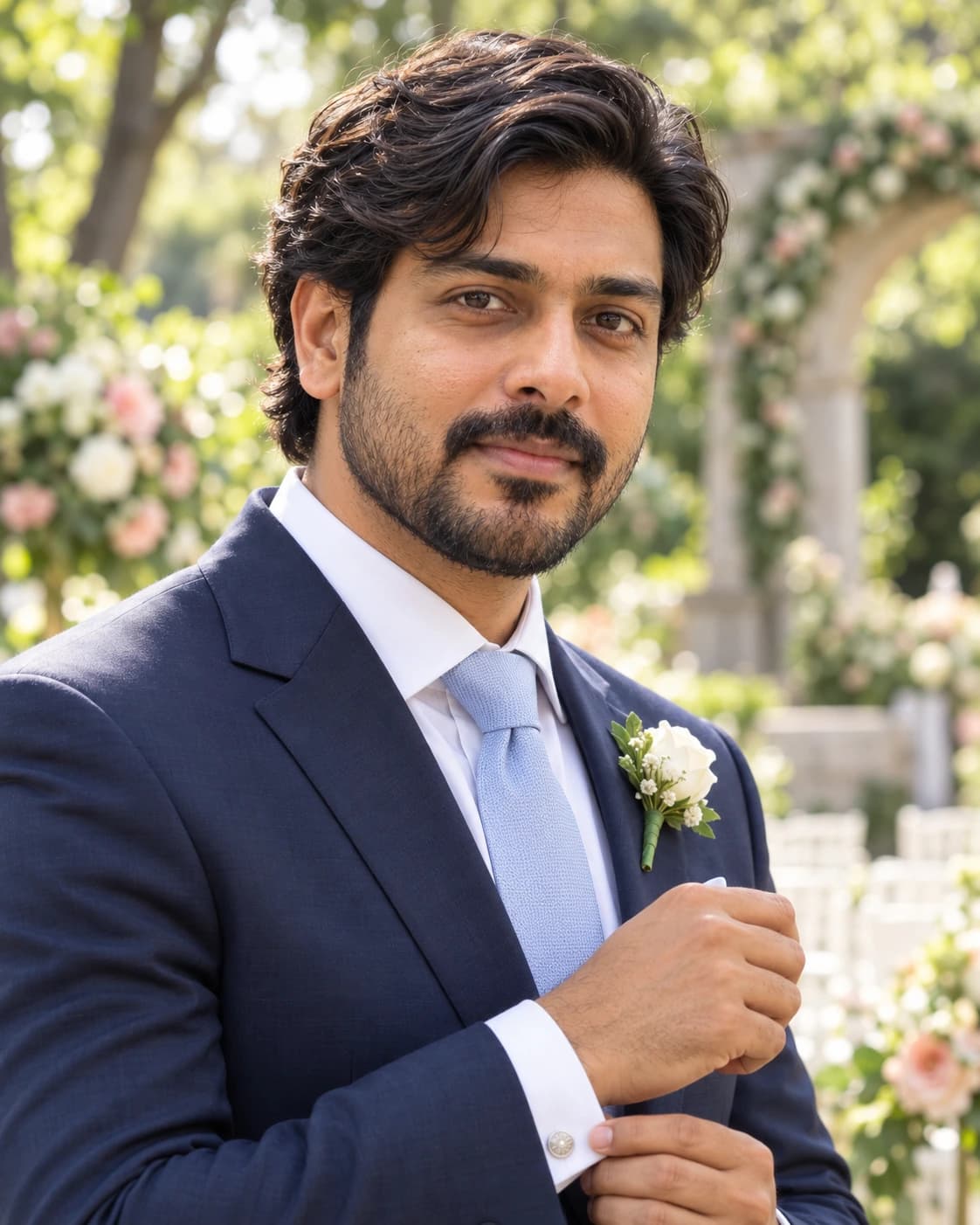 Groom in his early 30s in a suit with a classic scissor taper and two and a half inches of wavy hair swept to the side, three-quarter view at a garden wedding venue
