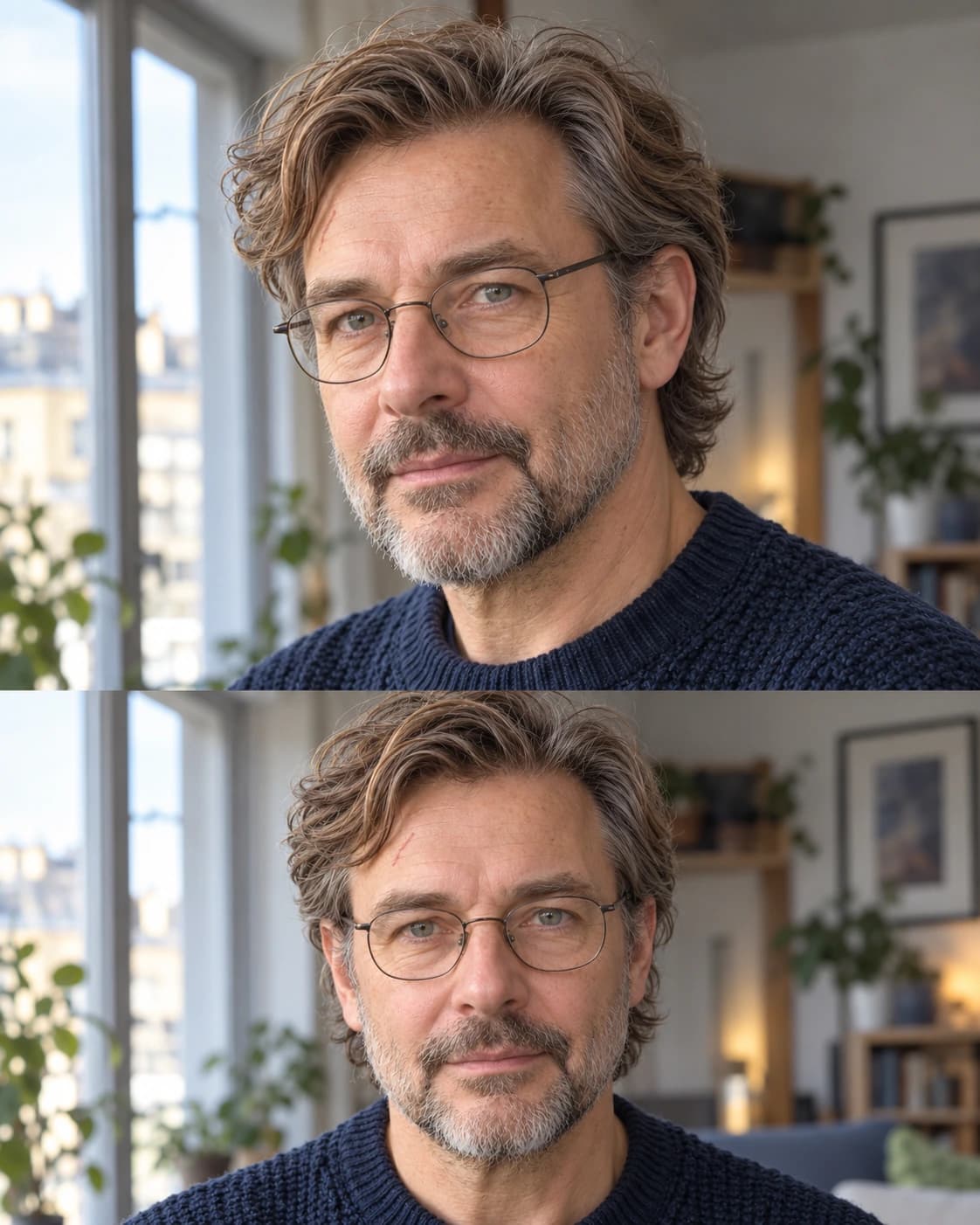 Man in his early 50s at the ear-length growing-out stage, wavy hair shaped by scissors with sides tucked and neckline cleaned, three-quarter and front views by an apartment window