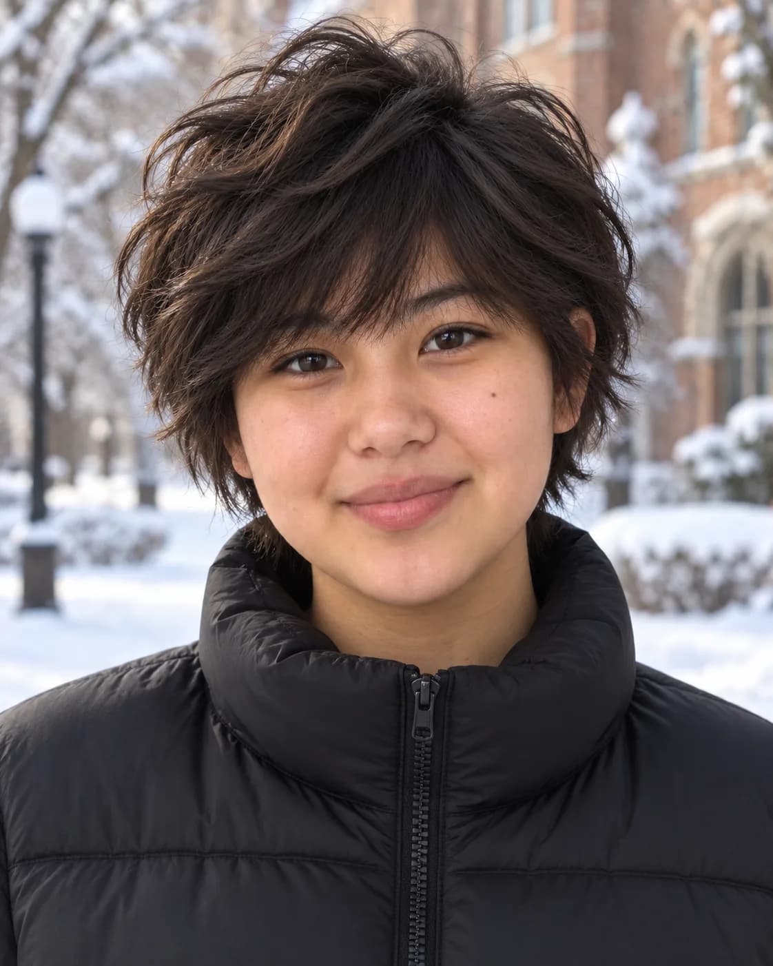 Teen girl with a shaggy grown-out pixie, a longer textured top and ear-length sides, front view on a snowy campus in a puffer jacket