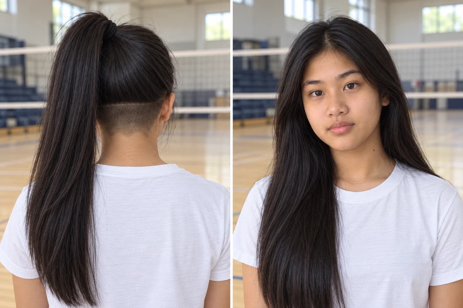 Two panels: teen girl with a ponytail showing a short nape undercut from behind, then the same girl with long thick hair down hiding it