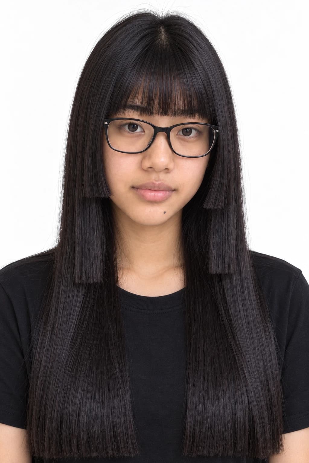 Teenage girl with a sleek hime cut, blunt cheek-length side panels and heavy bangs over long straight hair, symmetrical front view on white