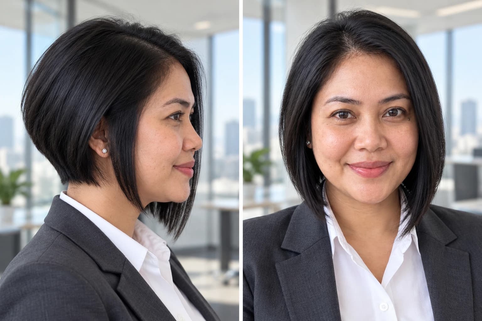 Woman in her early 40s with a thick straight inverted bob angled from a short back to a longer front past the chin, profile and front view in a glass office