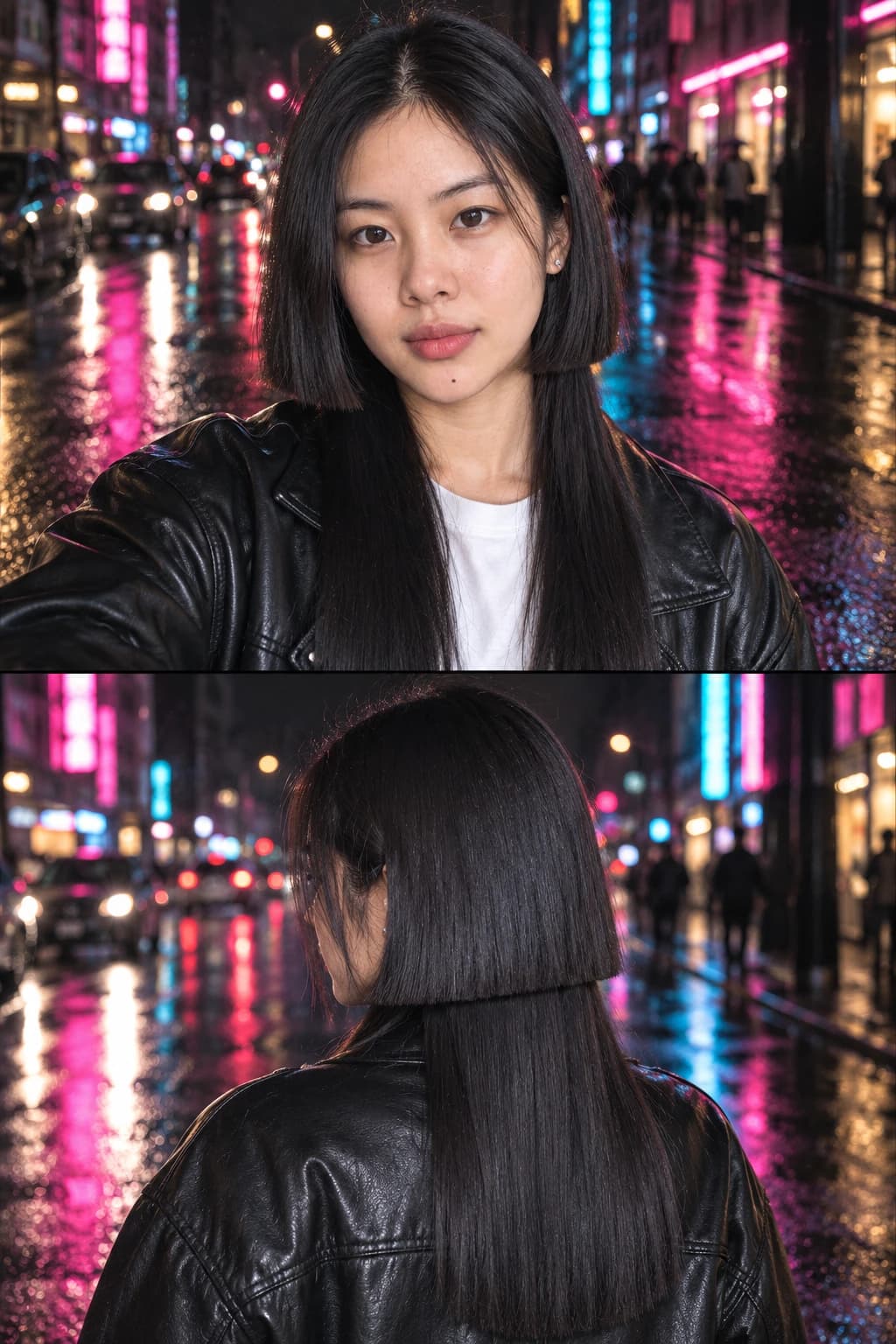 Woman in her mid-20s with a jellyfish haircut, a blunt chin-length top tier over long straight hair, front and back views on a neon-lit street at night