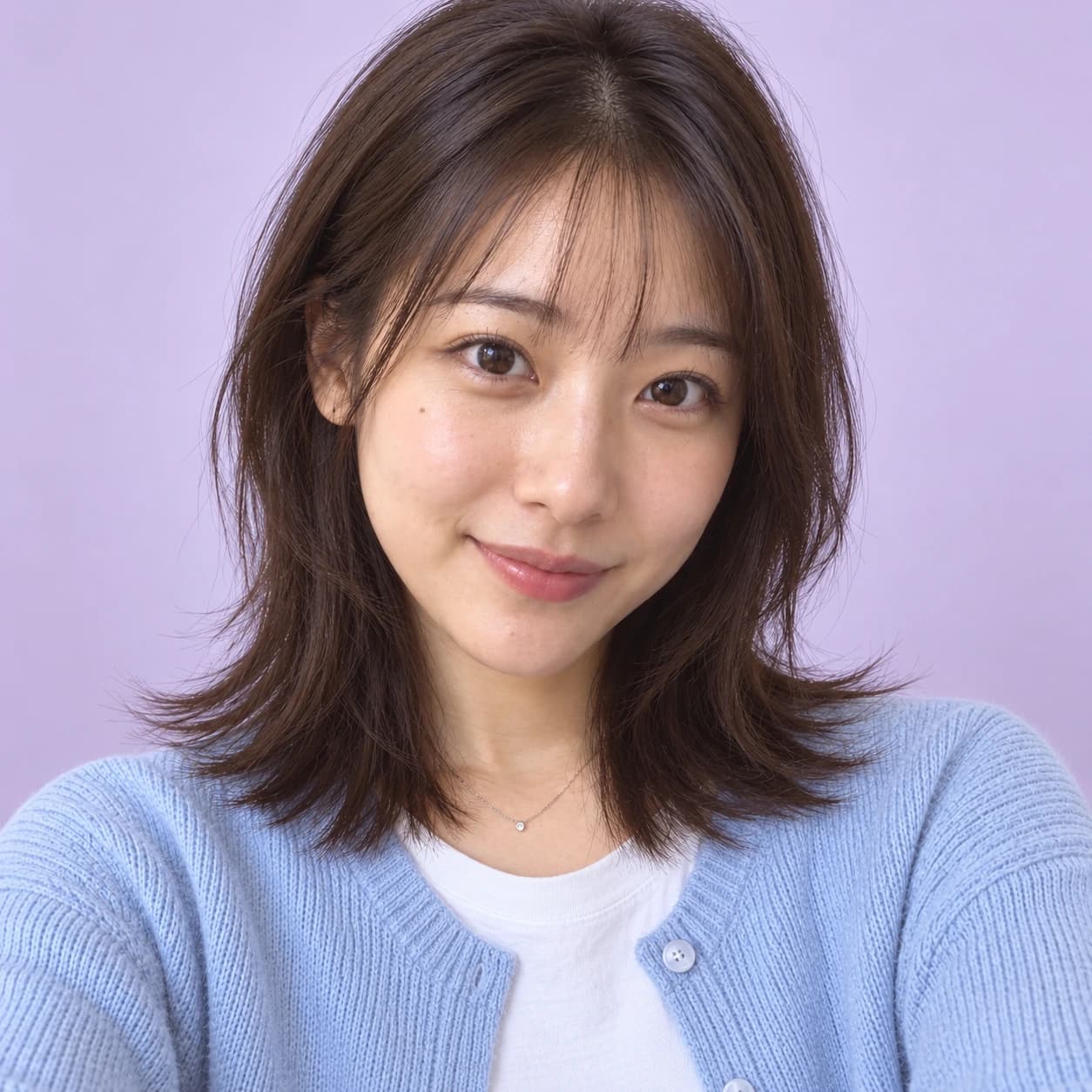 Young woman in her early 20s with a choppy shoulder-length kitty cut, wispy fringe and outward-flicked ends, front view in a pastel studio