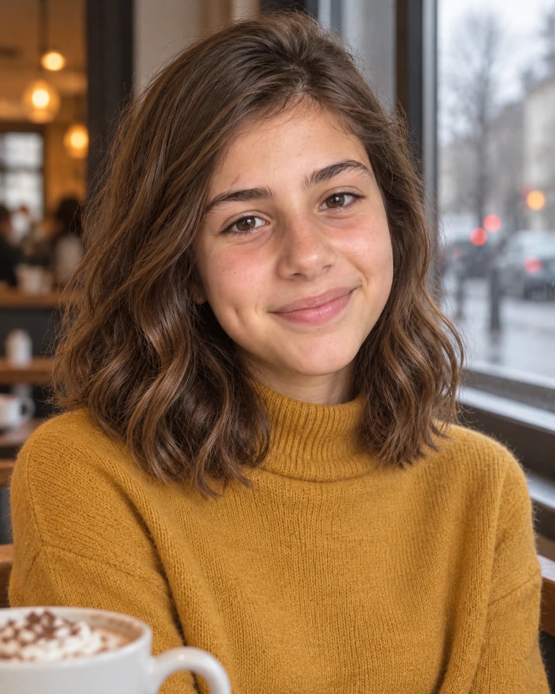 Tween girl with a wavy collarbone-length lob in a soft A-line, front and slight side view by a cafe window on an overcast day