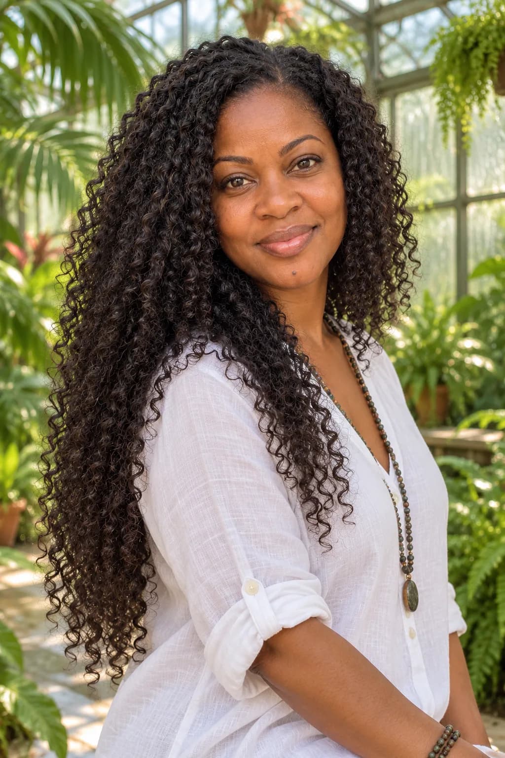 Woman in her 40s with long thick 3C curls cut in layers to mid-back, three-quarter view in a humid glasshouse conservatory