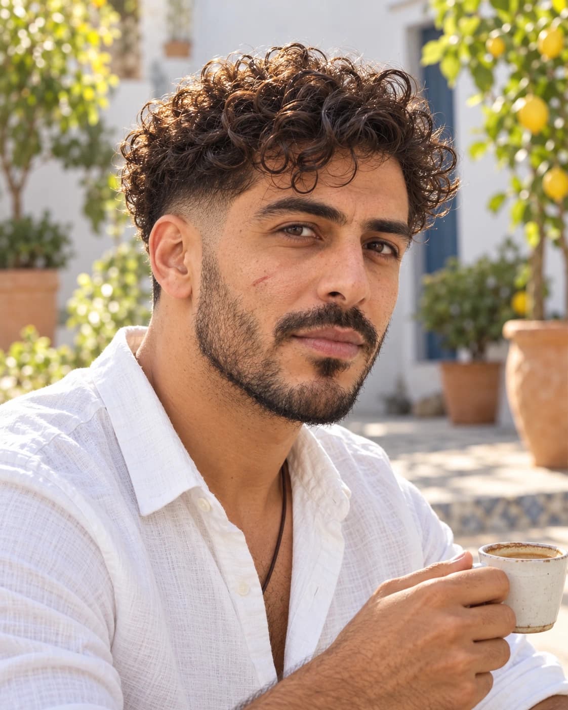 Man in his 30s with three inches of defined curls on top and a low fade at the sides, three-quarter view in a sunny courtyard