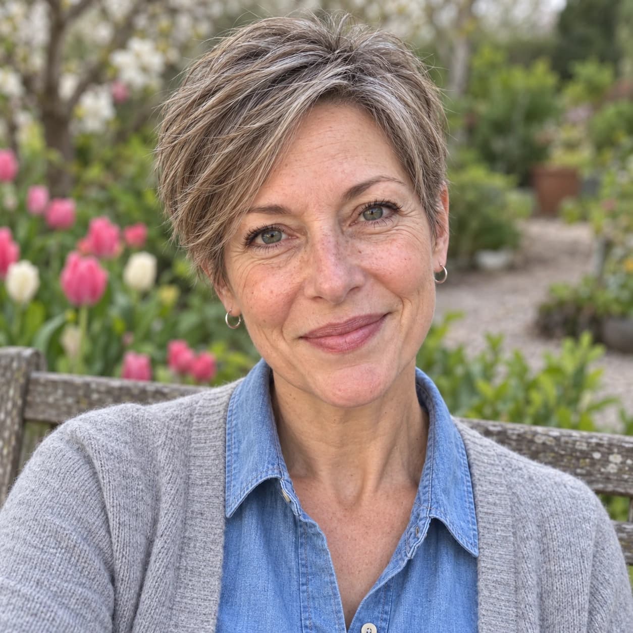 Woman in her mid-50s with a textured straight pixie and long side-swept fringe, front view on a garden bench on an overcast spring day