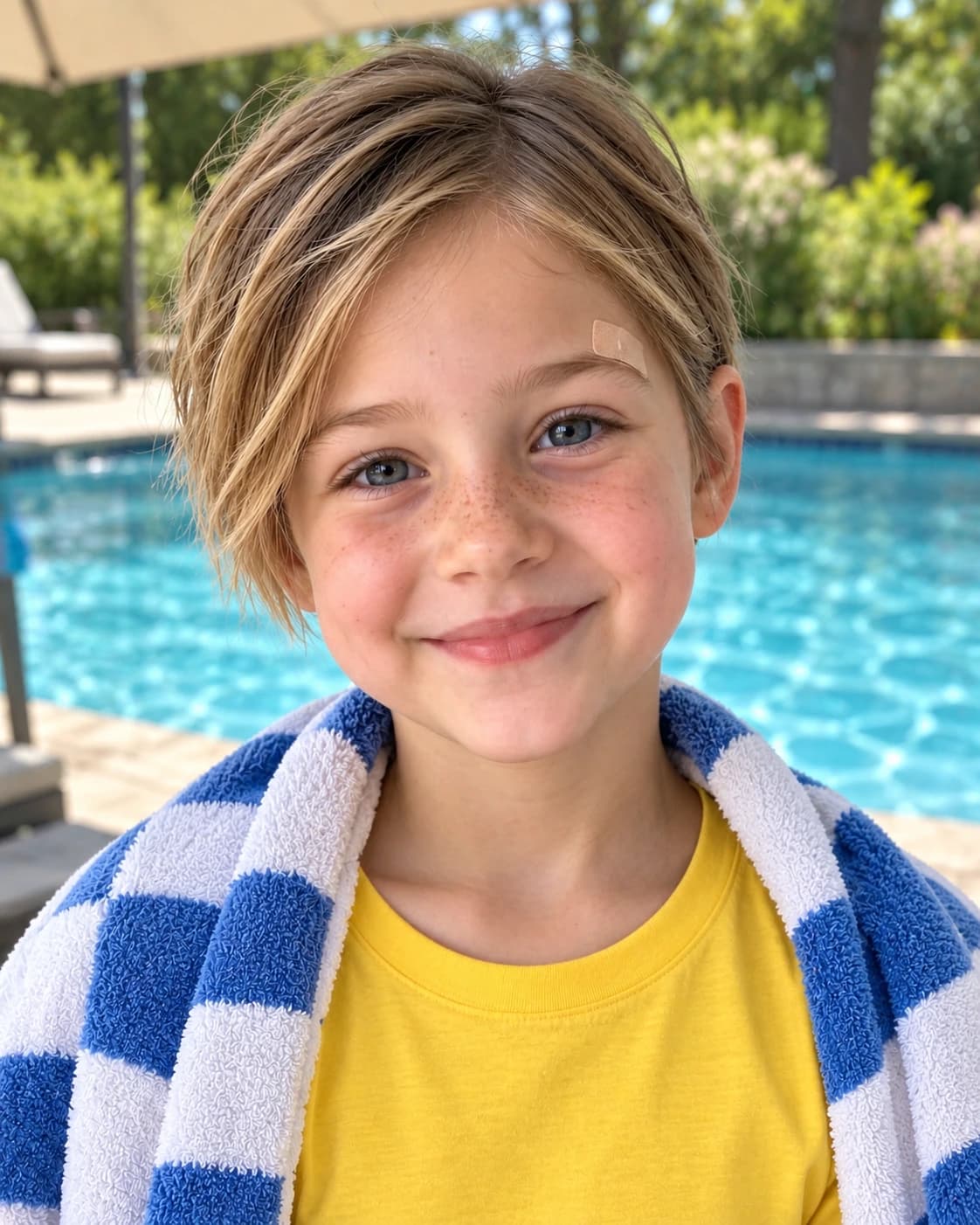 Young girl with a soft short pixie and a side-swept fringe, front view poolside with a towel over her T-shirt