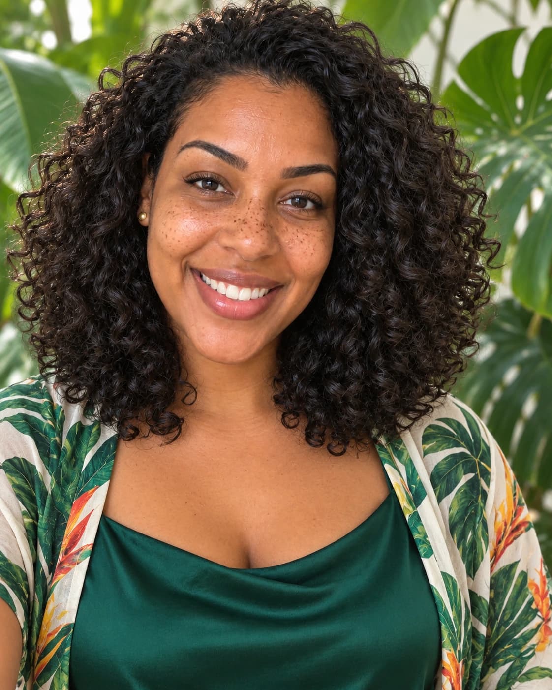 Woman in her mid-30s with big thick curls cut in a round layered shape at shoulder length, front view among tropical leaves