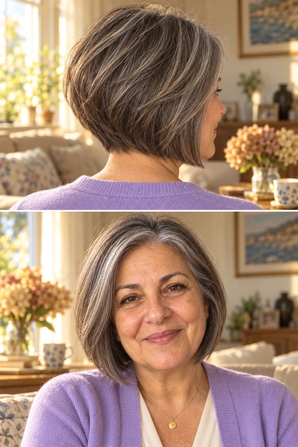 Woman in her early 60s with a stacked graduated bob, short at the nape and chin-length at the front, back three-quarter and front views in a sunlit living room
