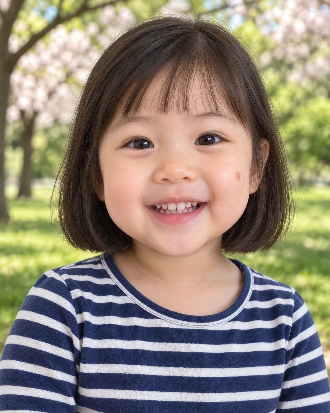 Toddler girl with a chin-length blunt bob and baby bangs at the brow, front view in a spring park wearing a striped tee