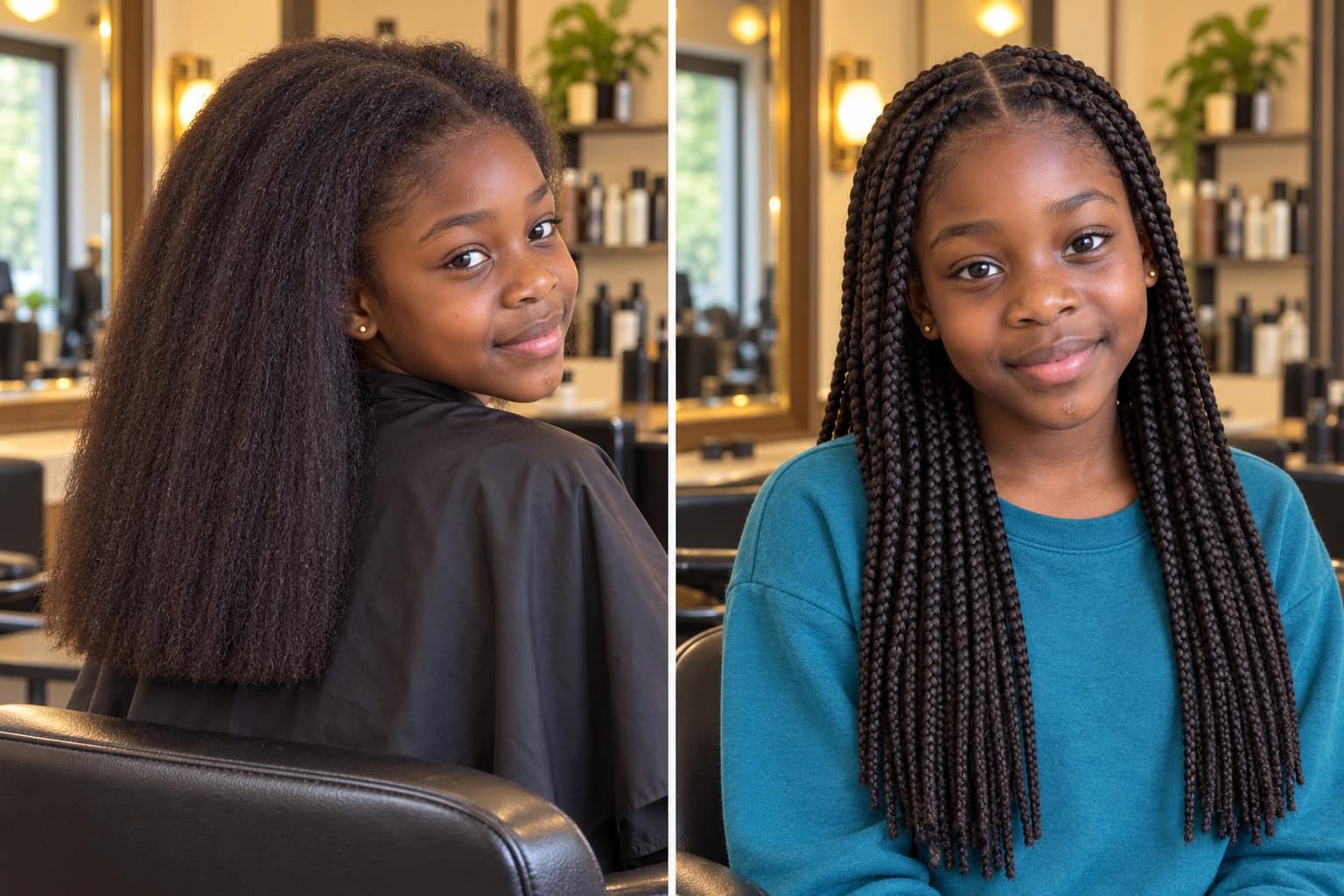 Two panels: girl in a salon chair with stretched coily hair freshly trimmed blunt, then the same girl with finished box braids
