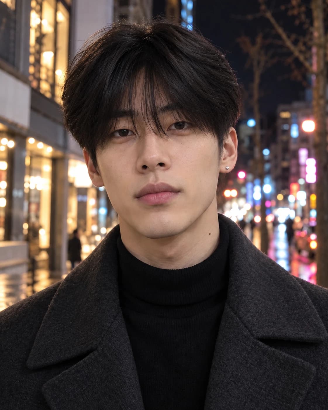 Man in his 20s with a K-style two-block cut, four inches of heavy straight hair on top falling into a soft fringe over a hidden #3 undercut, front view on a city street at night