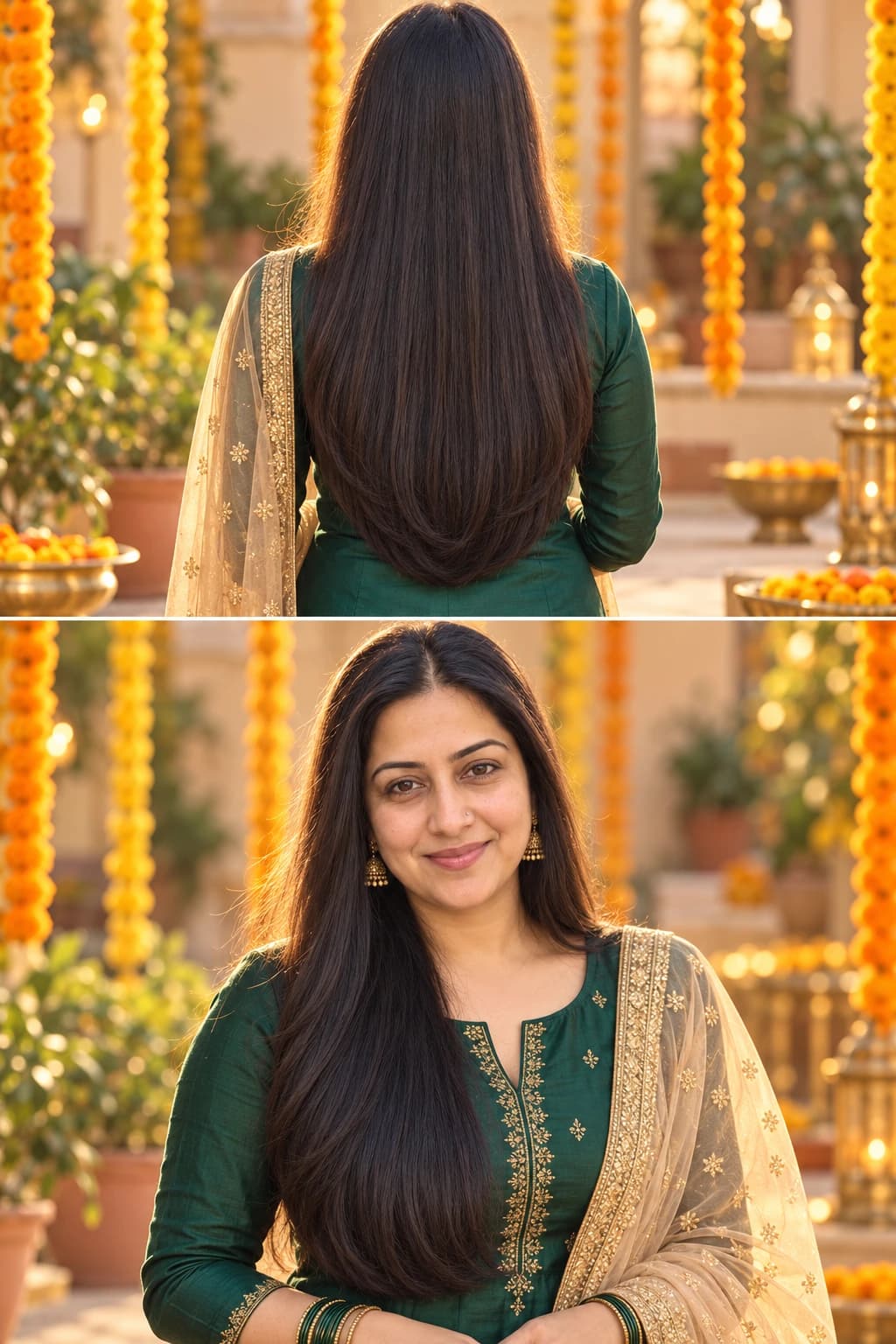 Woman in her late 30s with waist-length straight hair cut in a U-shaped hemline, back view and front view with a dupatta in warm golden light