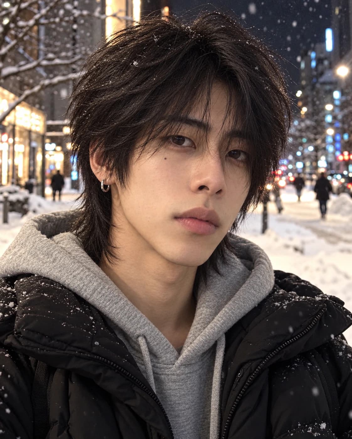 Young man around 20 with a straight-hair wolf cut, shaggy razored crown, tapered back and center-split curtain fringe, three-quarter view on a snowy city street at night
