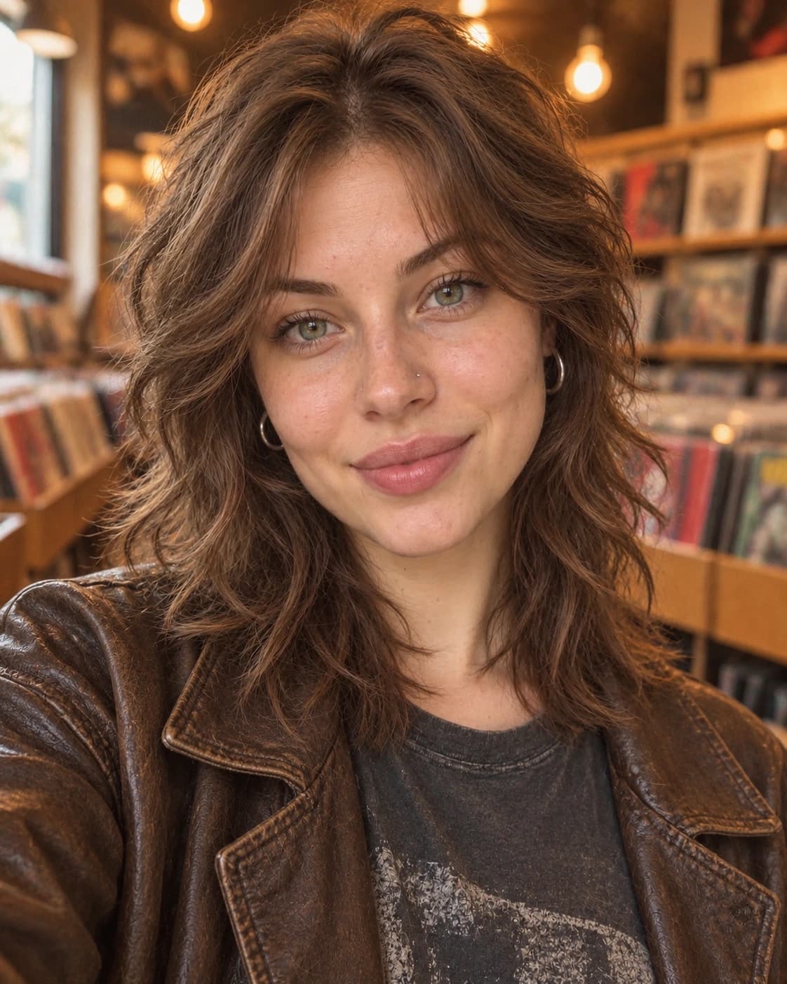 Woman in her mid-20s with a wavy wolf cut, choppy layers high at the crown and curtain bangs, close front view in a record shop